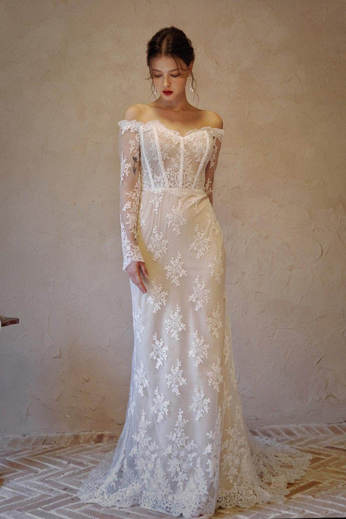 Trumpet-Mermaid Court Train Lace Tulle Wedding Dress CW3062 - COCOMELODY